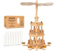 BRUBAKER Pirámide de Navidad, incluye 50 velas piramidales blancas, 3 pisos, con figuras de madera, pirámide de 44 cm, pirámide de Navidad giratoria, color natural