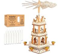 BRUBAKER Pirámide de Navidad, incluye 50 velas piramidales blancas, pirámide de madera con 3 pisos y figuras de madera pintadas a mano, 45 cm, pirámide de Navidad, giratoria, color natural
