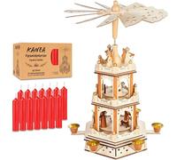 BRUBAKER Pirámide de Navidad, incluye 50 velas piramidales rojas, pirámide de madera con 3 pisos y figuras de madera pintadas a mano, 45 cm, pirámide de Navidad, giratoria, color natural