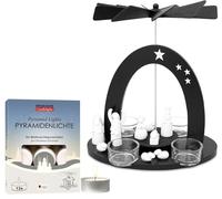 BRUBAKER Pirámide de Navidad negra incluye 12 velas de té piramidales - 22 cm de madera y cristal - Pirámide de mesa para Navidad - María, José y Jesús