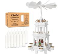 BRUBAKER Pirámide Navideña Blanca con Set de 50 Velas Blancas - Carrusel Giratorio de Tres Niveles con Figuras de Madera Pintadas a Mano - 45 cm Decoración Festiva - Acabado Natural