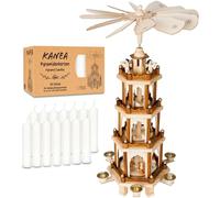 BRUBAKER Pirámide Navideña con Set de 50 Velas Blancas - Carrusel Giratorio de Cuatro Niveles con Figuras de Madera Pintadas a Mano - Decoración Festiva de 60 cm - Acabado Natural