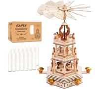 BRUBAKER Pirámide Navideña con Set de 50 Velas Blancas - Carrusel Giratorio de Tres Niveles con Figuras de Madera Pintadas a Mano - 44 cm Decoración Festiva - Acabado Natural