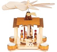 BRUBAKER Pirámide Navideña de Madera - Belén con Jesús, María, José y la Estrella de Belén - Modelo de 28 cm para Mesa - Pirámide Redonda para 4 Candelas de Navidad Tradicional - Pintada a Mano