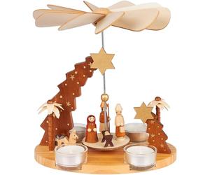 BRUBAKER Pirámide Navideña de Madera - Estrella de Belén, Jesús, María, José y Pastor - Portavelas Giratorios de 22 cm para Navidad para 4 Velas - Pintada a Mano con Hermosos Detalles Tradicionales