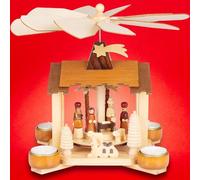 BRUBAKER Pirámide Navideña de Madera - Pesebre con Jesús, María, José y la Estrella - Modelo de 28 cm - Pirámide Redonda para 4 Candelas de Navidad Tradicional - Pintada a Mano