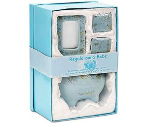 BRUBAKER Regalo para Bebé niño 'Mi primera alcancía' con caja para mi primer diente, caja para mi primer rizo y marco de la foto - Azul claro - Español