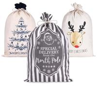 BRUBAKER Saco de Navidad Set de 3 - Saco de Regalo de 80 cm con Motivos Navideños - Saco de Papá Noel para Rellenar y Envolver Regalos - Saco de Decoración Navideña de Algodón