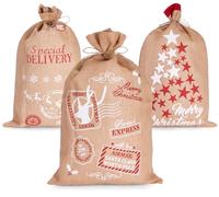 BRUBAKER Saco de Navidad Set de 3 - Saco de Regalo de 80 cm con Motivos Navideños - Saco de Papá Noel para Rellenar y Envolver Regalos - Saco de Decoración Navideña de Yute