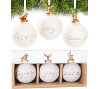BRUBAKER Set de 3 Bolas de Navidad de Vidrio - Happy Joy Peace - Bolas de Navidad con Figurita de Porcelana - Decoración Navideña Moderna Pintada a Mano - Bolas de Navidad Blancas de 8 cm