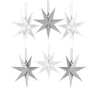 BRUBAKER Set de 6 Estrellas de Papel para Navidad - Decoración de Adviento y Árbol Grande - Plegables 20 cm - Plateado y Blanco