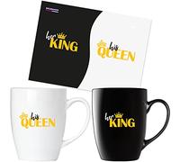 BRUBAKER Tazas de Café His Queen & Her King con Tarjeta de Felicitación - Tazas de Café para Parejas en Blanco y negro - Juego de Regalo de Tazas de 300 ml - Juego de Tazas