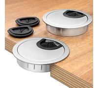 BRUCE.® 2X Pasacables Escritorio Ø 60 mm - Pasacables de Metal para Mesa y Oficina - Incluye Tapas Intercambiables de Goma y Cepillo - Organizador de Cables para Escritorio y Hogar (Plata)