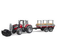bruder 02046 - Massey Ferguson 7480 con cargador frontal, remolque de transporte de madera, 3 troncos, tractor