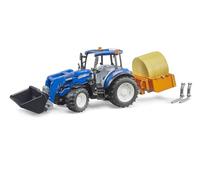 Bruder 02187 - Tractor New Holland T5.120 con Cargador Frontal | Incluye caja de carga, horquillas y pacas redondas, juguete a partir de 3 años, escala 1:16