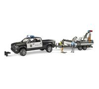 Bruder 02507 - Camioneta policial RAM 2500 con Remolque, Barco y 2 Figuras | Incluye módulo de luz y sonido, vehículo de emergencia con policías, buzo, bote neumático, servicio de rescate, 1:16
