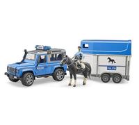 bruder 02588 - Vehículo policial Land Rover Defender, remolque para caballos, 1 caballo, 1 policía, módulo de luz y sonido