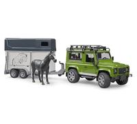 bruder 02592 - Land Rover Defender con remolque para caballos, 1 caballo, vehículo todoterreno, jeep, vehículo todoterreno, granja de caballos