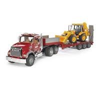 Bruder 02813 - Camión Mack Granite con Remolque de Plataforma Baja | Camión de transporte pesado con retroexcavadora JCB 4CX, vehículos de obra, excavadora, juguete a partir de 3 años, 1:16