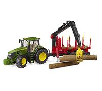 bruder 03154 - John Deere 7R 350 con remolque trasero y 4 troncos, granja, tractor, transportador de madera, vehículo