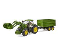 Bruder Tractor de juguete John Deere 7R 350 con cargador frontal y remolque eje tándem 1:16