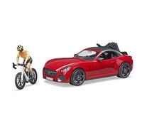 bruder 03485 - Roadster con bicicleta de carreras, ciclista con casco, coche de carreras, coche deportivo, descapotable, ciclista, figura de juguete