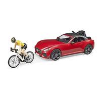 bruder 03485 - Roadster con bicicleta de carreras, ciclista con casco, coche de carreras, coche deportivo, descapotable, ciclista, figura de juguete
