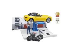 bruder 62110 - bworld taller de coches con roadster, taller de coches, mecánico, figura de juguete, Caprio