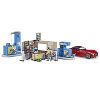 bruder 62111 - Gasolinera Bworld con surtidor de gasolina, estación de carga para coches eléctricos, lavacoches, empleado de gasolinera - 1:16 Set de juego, lavacoches, coche de carreras, coche