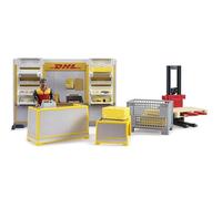 bruder 62251 - Bworld DHL Paketshop con empleado de DHL - 1:16 Juguete, Accesorios, Oficina de correos, Cartero, Servicio de paquetería, Logística, Envío, Play set
