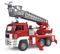 bruder 02771 - Camión de bomberos MAN TGA con escalera giratoria | Con función de agua y módulo de luz y sonido, vehículo de intervención, juguete a partir de 4 años, 1:16