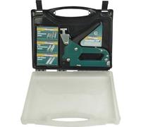 Brüder Mannesmann Grapadora manual, fuerza regulable, con maletín | M48410 | Ajuste de fuerza sin escalones, mango antideslizante con estribo de seguridad, incluye 200 grapas, para tela, madera y cartón