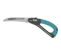 Brüder Mannesmann Sierra plegable 180 mm, acero, verde, TÜV/GS | M30110 | Hoja templada con trinquete de seguridad, mango de plástico antideslizante, plegable para mochila y maletín