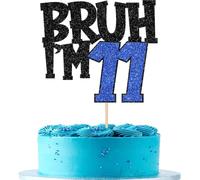 BRUH I'M 11 - Decoración divertida para tarta de cumpleaños número 11 para niños, decoración de pastel de cumpleaños con purpurina negra y azul, decoración de cartulina premontada con palo de papel de