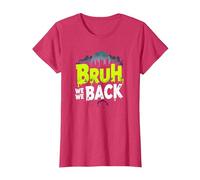 Bruh We Back: Gráfico de Argot de Regreso Urbano Camiseta, Mujer, Rojo Jaspeado, M