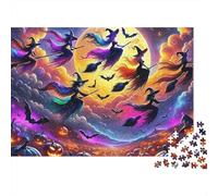Bruja 1000 Piezas Puzzle Ocio Adultos Brujas Volando sobre Calabazas bajo Luna Llena Premium Grueso Robusto Desafiante Alivio Estrés 38x26cm/1000pz