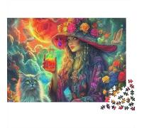 Bruja 1000 Piezas Puzzle Regalo Adultos Bruja con Gato Luna Sangre Flores Premium Grueso Robusto Vibrante Desafiante Difícil Alivio Estrés 70x50cm/1000pz
