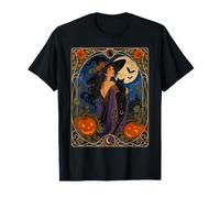 Bruja Art Nouveau Gato Negro Luna de Halloween Camiseta