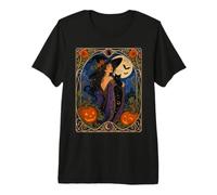 Bruja Art Nouveau Gato Negro Luna de Halloween Camiseta Premium