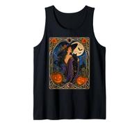 Bruja Art Nouveau Gato Negro Luna de Halloween Camiseta sin Mangas