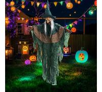 Bruja electrónica Animada de Halloween, decoración Colgante de Bruja parlante de 170 cm con Ojos iluminados y activación por Sonido, decoración aterradora de Halloween para casa embrujada, jardín