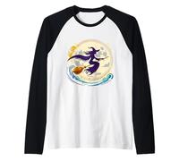 Bruja en Escoba con diseño de Luna Llena para Halloween Camiseta Manga Raglan