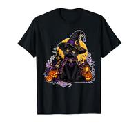 Bruja Gato Negro Calabazas Luna Y Castillo Encantado Camiseta