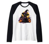 Bruja Gato Negro Calabazas Luna Y Castillo Encantado Camiseta Manga Raglan