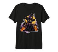 Bruja Gato Negro Calabazas Luna Y Castillo Encantado Camiseta Premium