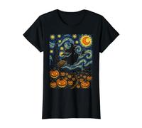 Bruja Gato Volador Halloween Noche Estrellada Niñas Mujeres Camiseta gráfica económica, Mujer, Negro, XL