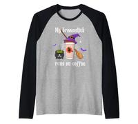 Bruja Halloween Mi Escoba Corre En Café Mujeres Camiseta Manga Raglan