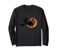 Bruja voladora se sentó a zancada Un Palo de Escoba Delante de la Luna Arte Manga Larga