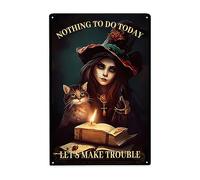 Bruja Y Gatito Halloween, Nada Que Hacer Hoy Hagamos Problemas Cartel De Chapa Divertida Letrero De Estaño Retro Pared Muestra Placa para Garaje Pub Salón