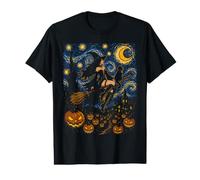Bruja y Gato Volando Halloween Noche Estrellada niñas Mujeres Camiseta gráfica económica